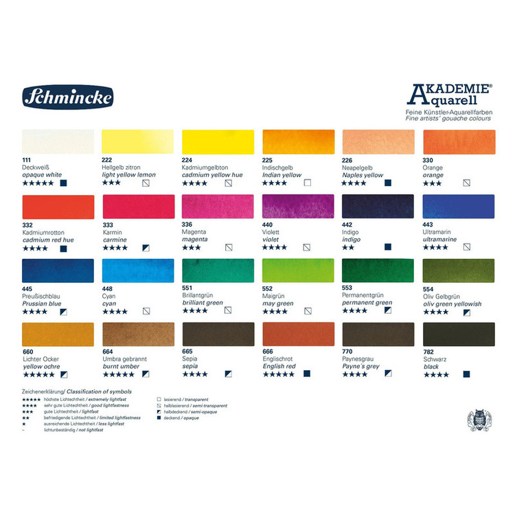 آبرنگ فوق آرتیست اشمینک (schmincke) سری (AKADEMIE Aquarell) 24 رنگ جعبه فلزی قرص 1/2 کد 75424